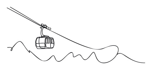 Minimalist single continuous line drawing depicting a suspended cable car soaring above an undulating mountainous landscape, ideal for tourism promotions and vacation brochures