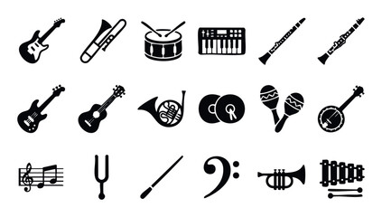 Comprehensive collection of various musical instruments and symbols in black silhouette perfect for music education and related creative projects