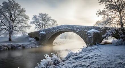 Stone bridge spanning river in winter landscape with frosted trees