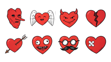 Red heart characters set including devil, angel, broken, arrow, mustache, and bandaged variants isolated. Valentines day and romance cartoon collection.
