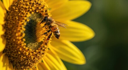 A bee gathers pollen from a bright yellow sunflower on a sunny day