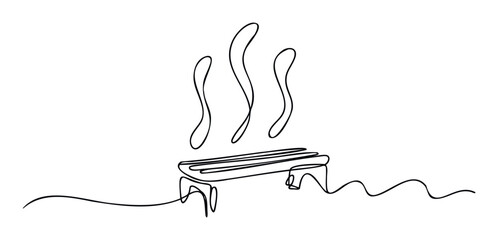 Continuous line drawing of a hot barbecue grill emitting steam, ideal for food service branding, cooking tutorial graphics, or simple kitchen related marketing materials.