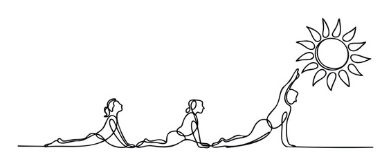 Continuous line drawing showing women in a progression of cobra yoga poses reaching for the sun, perfect for promoting wellness, mindfulness, and fitness programs