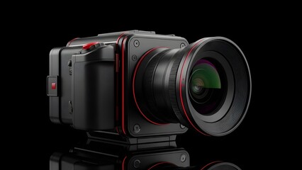 Modern professional camera with sleek design and red accents on black background