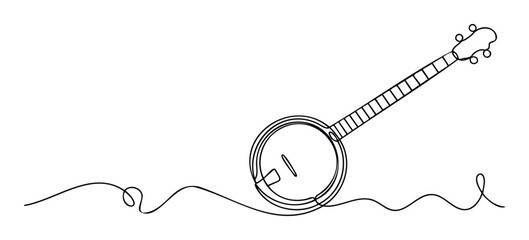 Minimalist one continuous line drawing of a banjo stringed instrument capturing rhythm and melody ideal for album covers and cultural event promotions