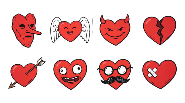 Red heart characters set including devil, angel, broken, arrow, mustache, and bandaged variants isolated. Valentines day and romance cartoon collection.