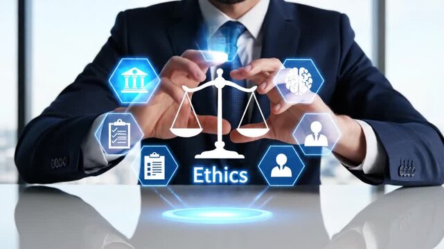 A professional in a suit contemplates legal ethics symbolized by scales of justice and glowing digital icons representing law and morality