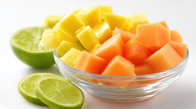 A clear bowl of diced mango papaya and pineapple prepared beside lime wedges natural bringing out vibrant tones