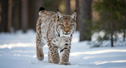 Obraz premium A bobcat with spotted fur, walks in a snowy forest, facing the camera