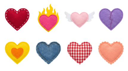 Heart craft patches set including felt, denim, plaid, stitched, flaming, and winged styles isolated. Romantic sewing and diy scrapbook collection.