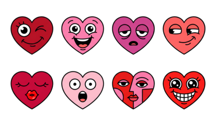 Heart character set including wink, laugh, tired, smirk, kiss, surprise, abstract, and grin expressions isolated. Valentine and love emotion collection.