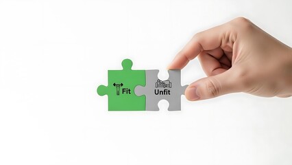 Hand connecting two puzzle pieces with Fit and Unfit labels on a white background.