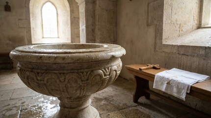 Historic church interior with baptismal font and wooden bench in serene light