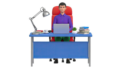 3D Character Working at a Desk with Laptop and Books
