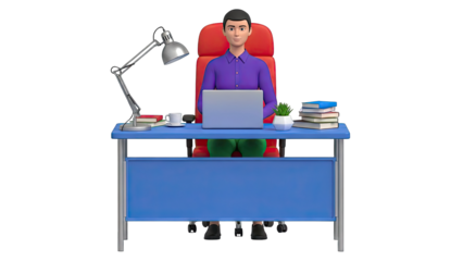 3D Character Working at a Desk with Laptop and Books