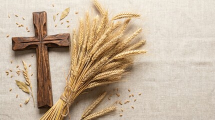 Rustic religious symbolism with wooden cross and wheat sheaves on natural linen background for spiritual decor and harvest celebration