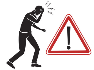 Man experiencing headache near warning sign on black background