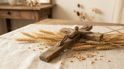 Rustic wooden wall cross with wheat bundle symbolizing faith and harvest on minimalist background for spiritual decor