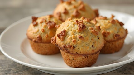 four banana walnut muffins on a white plate