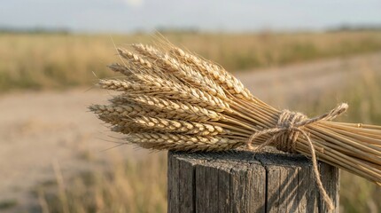 Autumn harvest concept with wheat sheaf on rustic wooden post in countryside landscape for seasonal decor and agricultural theme