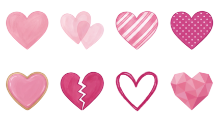 Pink heart collection including watercolor, striped, polka dot, cookie, broken, and geometric styles isolated. Decorative romantic symbols for valentine and wedding design.