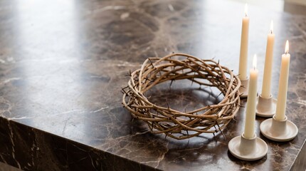 Symbolic display of crown of thorns and candle arrangement on marble surface for reflective easter or spiritual decoration