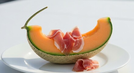 A cantaloupe slice with prosciutto on a white plate, close-up with a white background