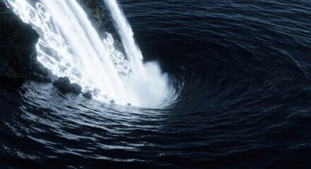 A cascading waterfall meets dark ocean waters, swirling to a dramatic center