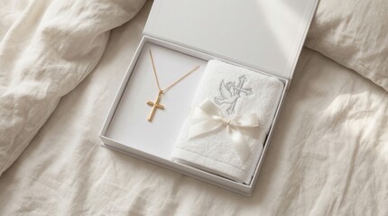 Elegant baptism gift set featuring cross necklace and embroidered towel in luxurious box display