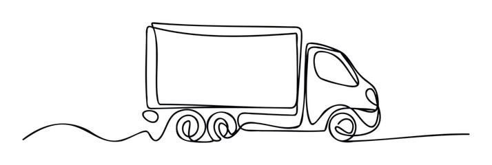 Modern continuous line drawing of a fast delivery truck representing efficient logistics and swift package transportation for marketing materials, app interfaces, or company branding needs