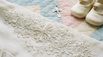 Delicate baptism ceremony scene with embroidered christening gown, cross, and satin baby shoes on pastel quilt for religious celebration