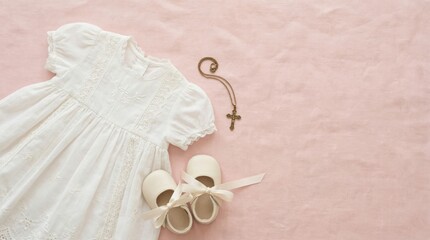 Baby christening outfit with elegant white dress and shoes on soft pink background