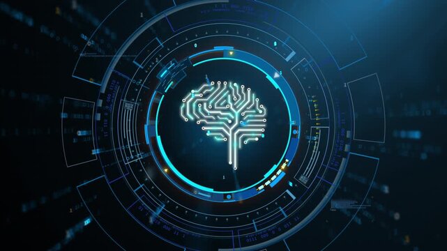 Futuristic AI brain interface with digital circuit visualization for data technology background, zoom in