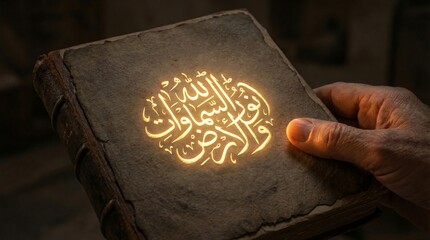 Ancient manuscript with glowing arabic calligraphy representing spiritual light and wisdom in historical setting