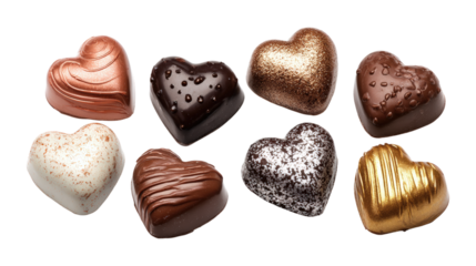 Variety of chocolate heart candies in a row transparent background assorted sweets