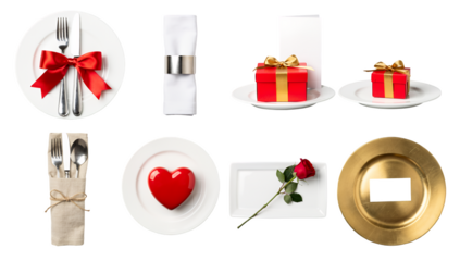 Romantic dinner table setting set including plates, cutlery, gift boxes, red rose, and heart decoration isolated. Valentine or wedding celebration collection.