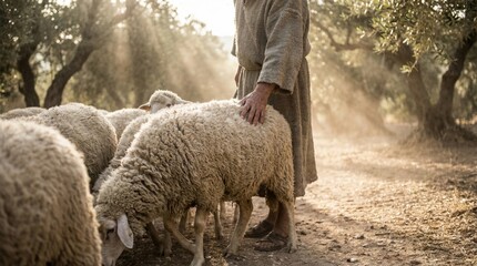 Pastoral scene of shepherd with flock of sheep in sunlit olive grove - tranquil nature and rural life concept for agricultural insights