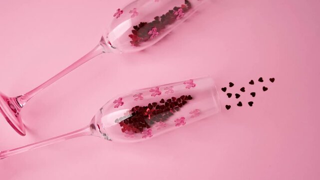 Elegant stemware filled with red hearts and scattered on pink background for Valentine\'s Day