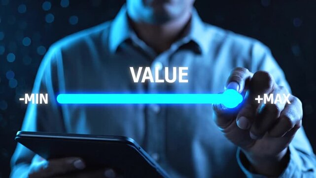 A man is interacting with a digital interface displaying the word value and a sliding scale between minimum and maximum limits