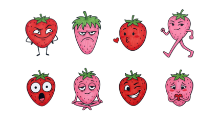 Cute strawberry character set including angry, kissing, walking, shocked, and meditating poses isolated. Fun cartoon fruit emotion collection for stickers and design.