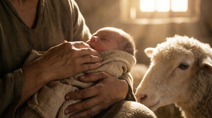 Newborn and gentle shepherd in rustic barn with sheep, peaceful nativity scene
