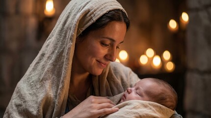 Mother and newborn in candlelit setting embracing love and warmth in a tranquil environment
