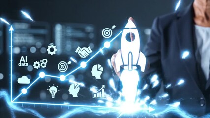 A businessman interacts with a glowing digital display showing a rocket launch graphs and icons representing ai and data analysis - Powered by Adobe