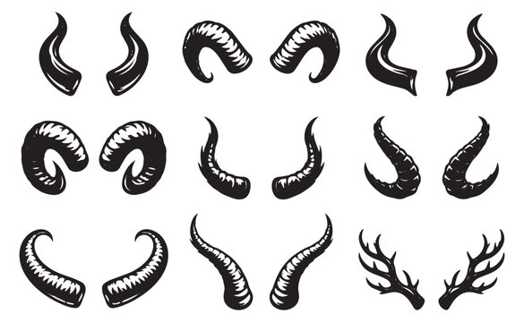 Hand drawn fantasy horns and antlers set featuring demon, ram, and deer styles for halloween and mythical designs