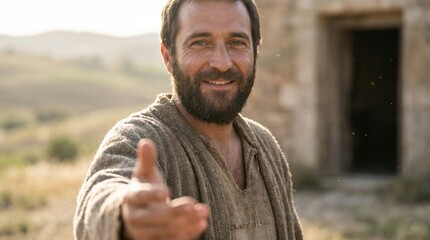 Compassionate gesture in rural landscape setting for inspirational and faith-based themes