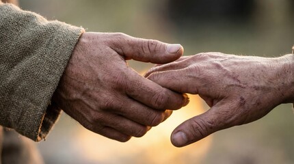 Close-up of two people holding hands in unity and support amidst a warm setting