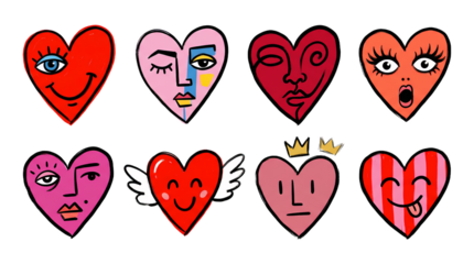 Heart character set including hand drawn faces with wings, crowns, and stripes isolated. Valentine day and romantic design elements.