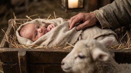 Nativity scene with newborn baby in manger and lamb in rustic setting for christmas celebration