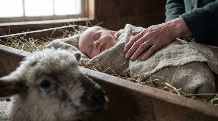 Newborn baby in manger setting with gentle hand and lamb in rustic barn for nativity scene concept