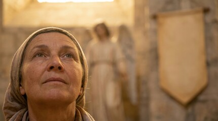 Contemplative moment of a woman in a spiritual setting with angel statue in background